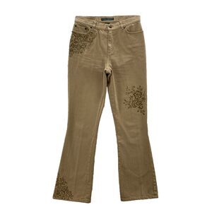 Lauren Jeans CO Womens 6 Golden Khaki Floral Stenciled Flair Bottom Preppy Denim